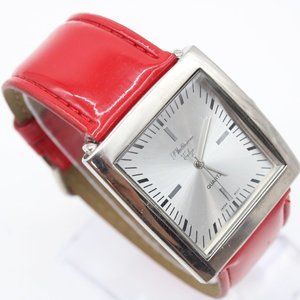 Platinum Edge Watch Womens Silver Tone Stainless Steel Big Face Red Leather Band